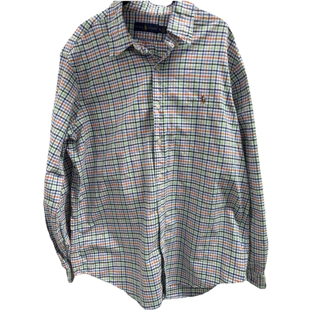Ralph Lauren XL Green Blue Orange Plaid Long Sleeve Buttoned Shirt Polo‎ Preppy